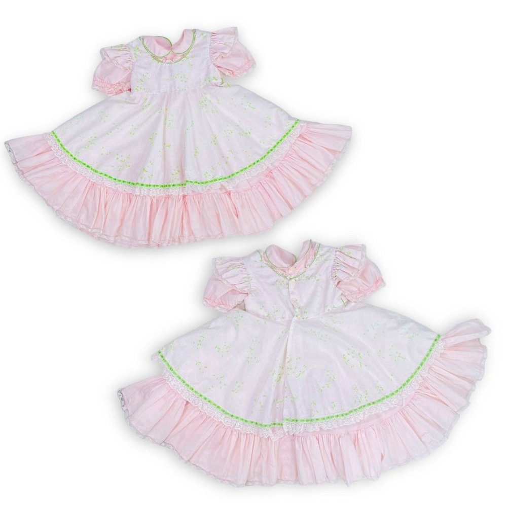 Vintage Toddler Girls Sweet Pink + Green Floral Lace Pinafore Apron Dress 3T